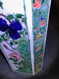 A pair of Chinese octagonal famille verte vases with birds and flowers, Kangxi