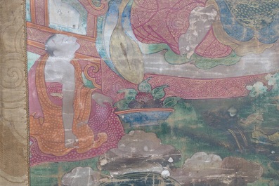 Un grand thangka &agrave; d&eacute;cor de trois arhats, Sino-Tibet, 18&egrave;me