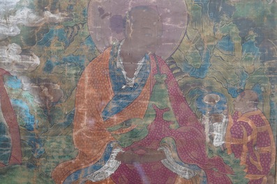 Un grand thangka &agrave; d&eacute;cor de trois arhats, Sino-Tibet, 18&egrave;me