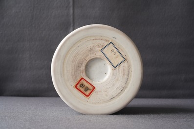 A Chinese famille verte brush pot on wooden stand, Kangxi