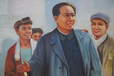 Chinese school uit de Culturele Revolutie: Mao in gesprek met arbeiders, olie op doek, 3e kwart 20e eeuw