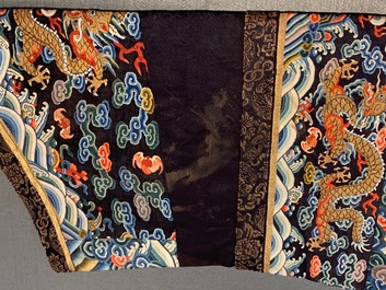 A Chinese embroidered turquoise-ground five-clawed dragon robe, 'jifu', 19th C.