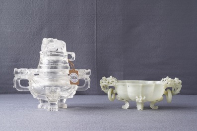 Two Chinese jade and rock crystal censers, 20th C.