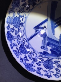 Two Chinese blue and white moulded plates with figures, Kangxi mark and of the period