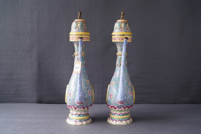 A pair of Chinese Islamic market Canton enamel ewers and covers, Qianlong/Jiaqing