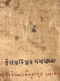 Een grote Sino-Tibetaanse thangka met decor van 'Drie Arhats',  18e eeuw