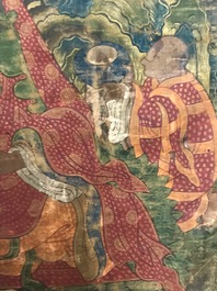 Un grand thangka &agrave; d&eacute;cor de trois arhats, Sino-Tibet, 18&egrave;me