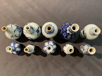 Ten Chinese blue and white miniature vases, Kangxi