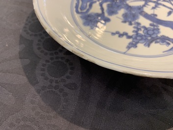 A pair of Chinese blue and white 'Three friends of winter' plates, Chenghua mark, Wanli