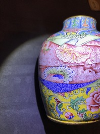 A small Chinese Beijing enamel jar and cover, Qianlong mark and possibly of the period