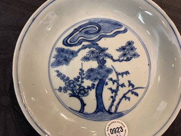 A pair of Chinese blue and white 'Three friends of winter' plates, Chenghua mark, Wanli