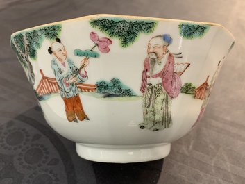 A Chinese octagonal famille rose bowl with figures in a landscape, Daoguang mark and of the period