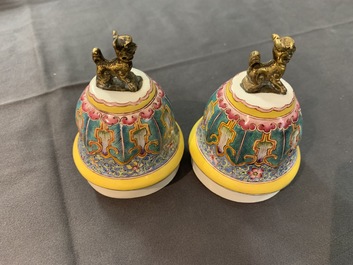 A pair of Chinese Islamic market Canton enamel ewers and covers, Qianlong/Jiaqing