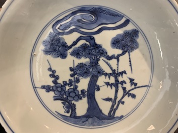 A pair of Chinese blue and white 'Three friends of winter' plates, Chenghua mark, Wanli