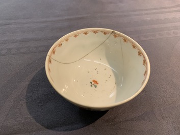 Six various Chinese famille rose and Imari-style cups and saucers, 18th C.