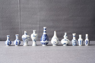 Ten Chinese blue and white miniature vases, Kangxi