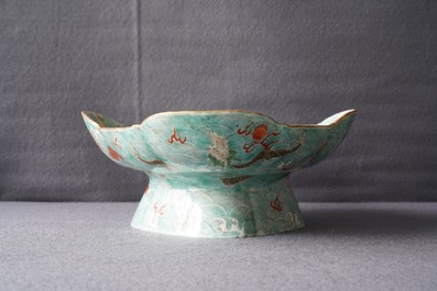 A Chinese imperial quatrefoil 'dragons' dish on foot, Jiaqing mark and of the period