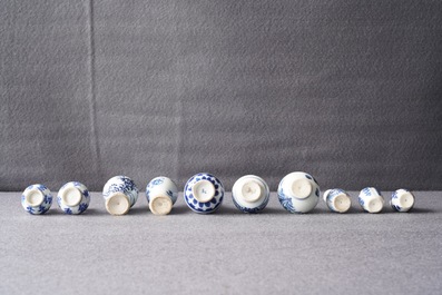 Ten Chinese blue and white miniature vases, Kangxi