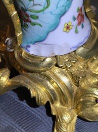 Four Chinese ormolu-mounted famille rose 'tobacco leaf' vases remodeled as two, Qianlong