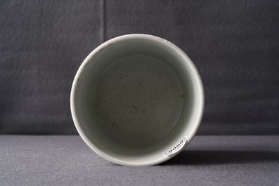 A Chinese famille verte brush pot on wooden stand, Kangxi