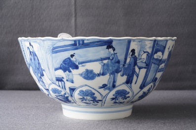 A Chinese blue and white moulded bowl with figurative panels, Xuande mark, Kangxi