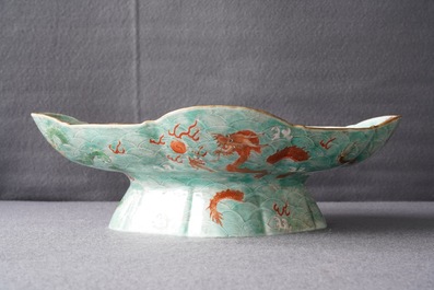 A Chinese imperial quatrefoil 'dragons' dish on foot, Jiaqing mark and of the period