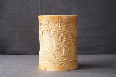 A Chinese carved ivory 'Seven Sages of the Bamboo Grove' brush pot, 18th C.