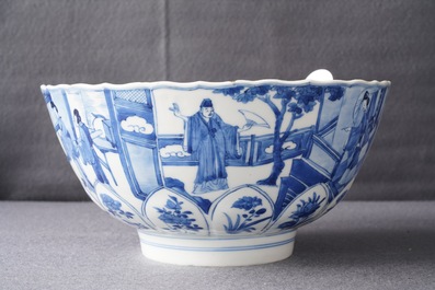 A Chinese blue and white moulded bowl with figurative panels, Xuande mark, Kangxi