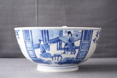 A Chinese blue and white bowl with floral and narrative panels, Kangxi mark and of the period