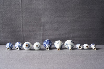 Ten Chinese blue and white miniature vases, Kangxi