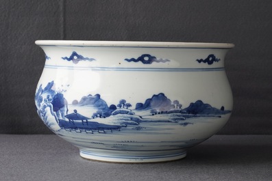 Een Chinese blauwwitte wierookbrander met figuren in een landschap, Kangxi