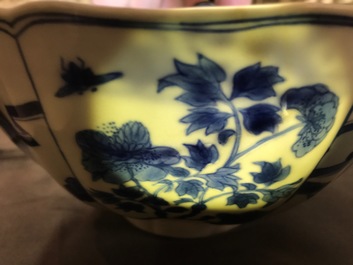 A Chinese blue and white bowl with figurative and floral panels, Chenghua mark, Kangxi