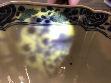 A Chinese blue and white bowl with figurative and floral panels, Chenghua mark, Kangxi