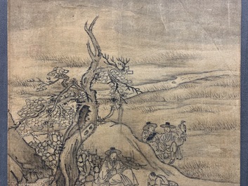 Korean school: Figures in a landscape, ink on paper, Joseon, 18/19th C.