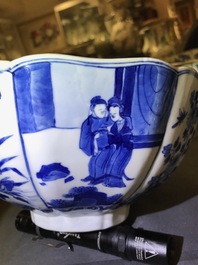 A Chinese blue and white bowl with figurative and floral panels, Chenghua mark, Kangxi