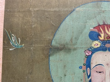 Chinese school: De staande godin Guanyin, inkt en kleur op papier, 18/19e eeuw