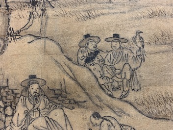 Ecole cor&eacute;enne: Personnages dans un paysage, encre sur papier, Joseon, 18/19&egrave;me
