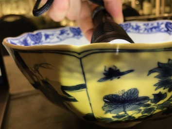 A Chinese blue and white bowl with figurative and floral panels, Chenghua mark, Kangxi