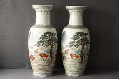 A pair of Chinese 'nine horses' vases and three famille rose jardini&egrave;res, Republic, 20th C.