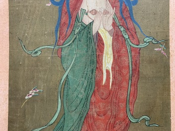 Chinese school: The goddess Guanyin standing, ink and colour on paper, 18/19th C.