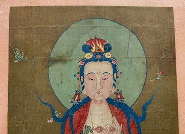 Ecole chinoise: La d&eacute;esse Guanyin debout, encre et couleur sur papier, 18/19&egrave;me