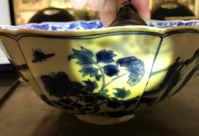 A Chinese blue and white bowl with figurative and floral panels, Chenghua mark, Kangxi