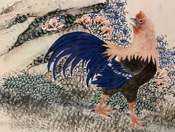 Ecole chinoise: Oiseaux aupr&egrave;s de branches fleuries, aquarelle et encre sur soie, 18/19&egrave;me