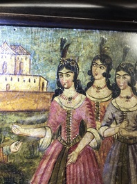 Ecole qajar: Triptyque d'une parade d'un prince, huile sur panneau, Iran, 19&egrave;me