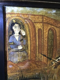 Ecole qajar: Triptyque d'une parade d'un prince, huile sur panneau, Iran, 19&egrave;me