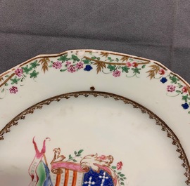 Three Chinese famille rose English market armorial plates and dishes, Qianlong