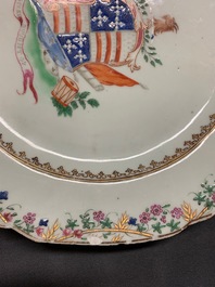 Three Chinese famille rose English market armorial plates and dishes, Qianlong
