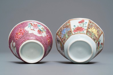 Two Chinese famille rose cups and saucers, Yongzheng/Qianlong