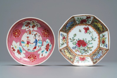 Two Chinese famille rose cups and saucers, Yongzheng/Qianlong