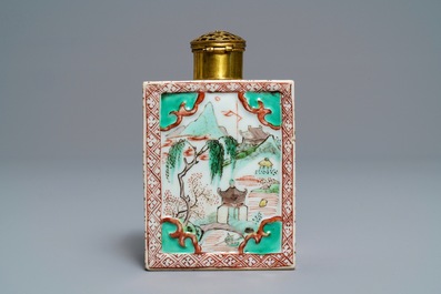 A Chinese famille verte relief-decorated tea caddy, Kangxi